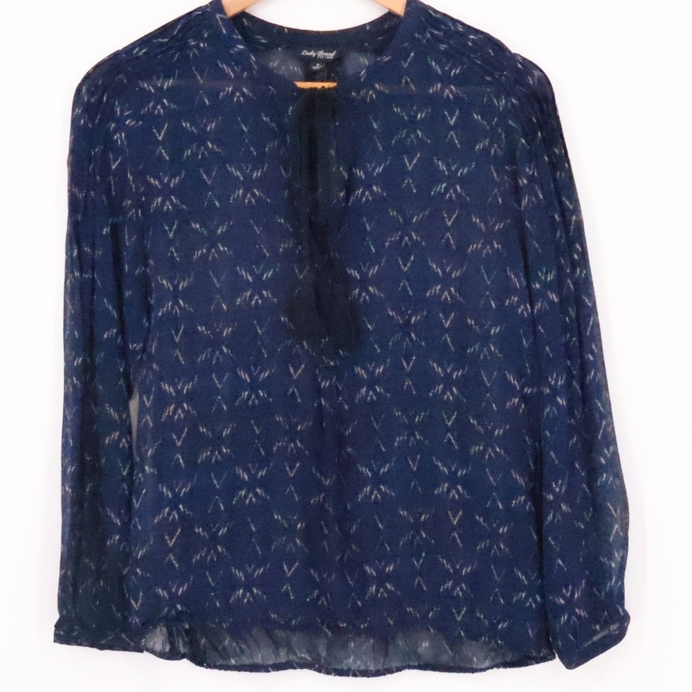 Lucky Brand Sheer Ikat Blouse Top Womens Size S Boho Tassel Tie Navy Blue